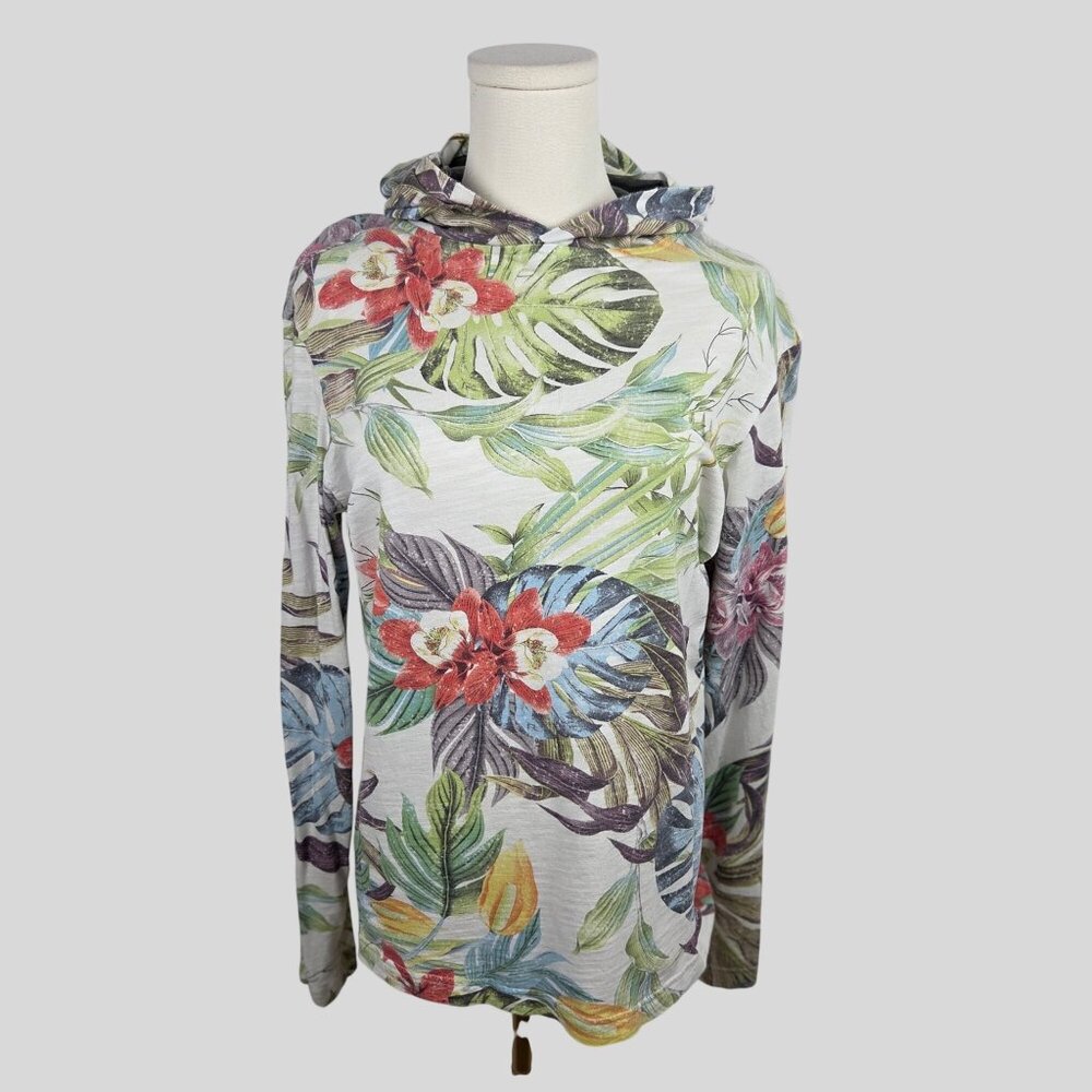 VTG Cremieux Hoodie M Tropical‎ Floral Beach Tropical Cotton Modal Green Resort